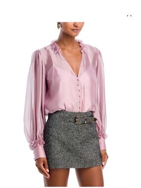 Aqua Pink Sheer-Sleeve V-Neck Blouse with Floral Trim